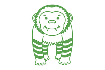 Obraz premium A green cartoon gorilla with striped limbs stands outlined against the white background