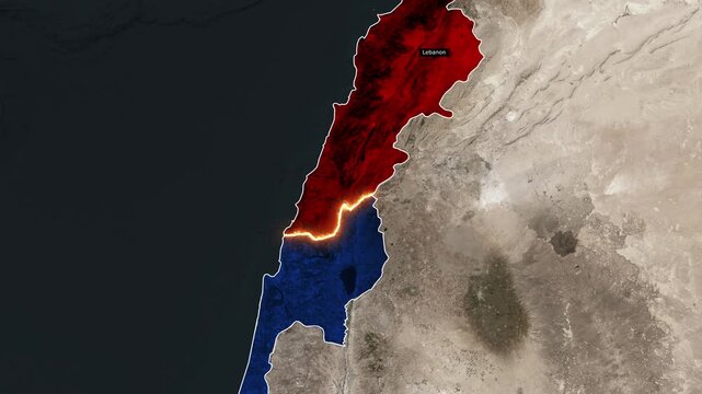 A highlighted map of Israel, Lebanon, showing territorial boundaries and geographic locations