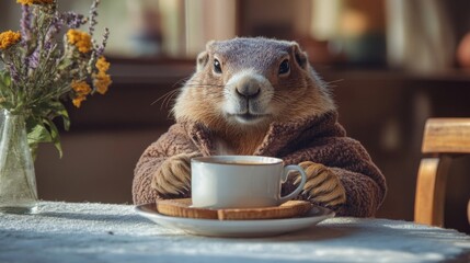 A groundhog wearing a cozy sweater sits at a table, holding a cup of tea. A plate with a cookie is beside it. A vase with flowers decorates the background.