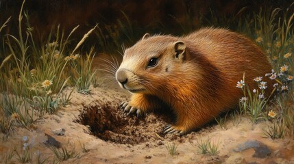 A groundhog emerges from its burrow in a grassy field. The animal has a brown fur coat and is surrounded by wildflowers. It symbolizes Groundhog Day.