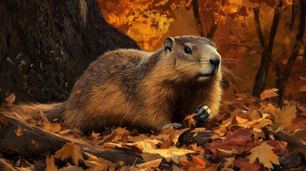 A groundhog sits among colorful autumn leaves. The animal has a thick brown coat and a curious expression, surrounded by a forest setting.
