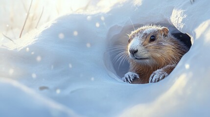 A groundhog peeks out of its burrow in a snowy landscape. The scene captures the essence of winter and the tradition of Groundhog Day.