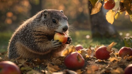 A groundhog eating an apple among fallen leaves and apples in an autumn setting. The scene captures the essence of Groundhog Day celebrations.