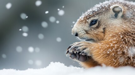 A close-up of a small, brown groundhog with snowflakes falling around it. The groundhog appears alert and is resting its paws on the ground, surrounded by a winter landscape.