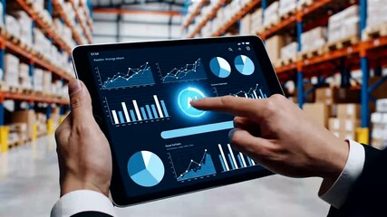 Businessman managing smart warehouse logistics with AI-powered data analytics system on tablet. Optimizing inventory, tracking supply chain performance, and improving operational efficiency with... - Powered by Adobe