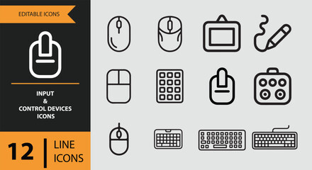 Input and control devices: a collection of 12 editable line icons for user interface