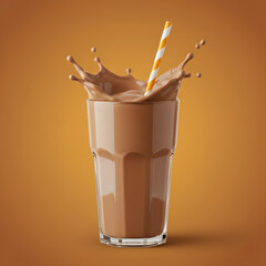 Chocolate cocoa glass splash straw orange background milk drink liquid movement refreshment sweet beverage cocoa morning breakfast creative dynamic advertising food generative AI