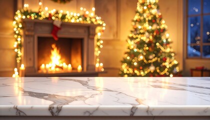 A close-up shot of a marble table top with a blurred background of a fireplace with candles, a Christmas tree and strings of twinkling lights, and a window. High quality.