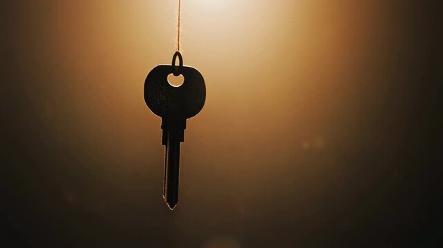 Silhouette of a Key Hanging Against a Warm Hazy Background, Suggesting Hidden Opportunities