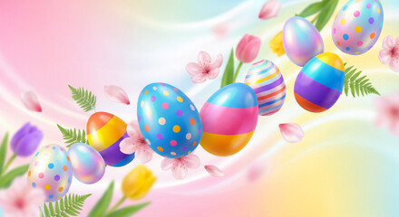 Colorful Easter eggs with floral decorations on a pastel background, symbolizing spring celebration and festive holiday mood.