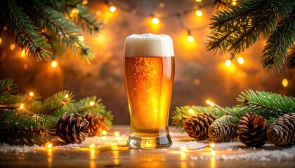A single beer glass surrounded by glowing fairy lights creating a cozy festive atmosphere with a warm winter themed background of pine branches and cones. High quality