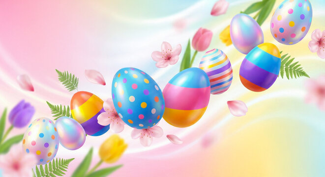 Colorful Easter eggs with floral decorations on a pastel background, symbolizing spring celebration and festive holiday mood. - Powered by Adobe