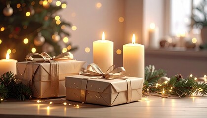 A table adorned with festive garland showcases photo wrapped boxes with gifts while in the background lit candles create a warm and cozy atmosphere. Copy space image. Place for adding text and design