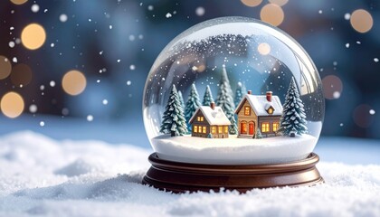 A snow globe showing a snowy scene of winter houses inside it. High quality