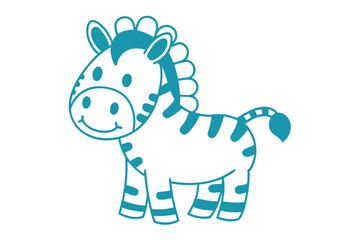 The simple cartoon baby zebra outlined in cyan color shows a playful, happy expression
