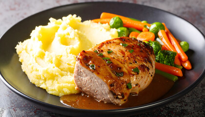 Pork tenderloin mashed potato colorful vegetables black plate delicious meal fine dining gourmet food cooking generative AI