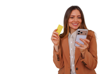 Woman holding credit card and smartphone, engaging in online shopping and secure mobile banking, transparent background