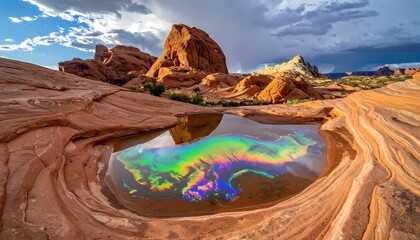 Vividly colored water puddle reflects a sandstone landscape beneath a dramatic, cloudy sky in a desert setting