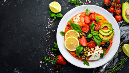 Food flat lay appetizing dish black background tomatoes olives cheese herbs spices lemon strawberry avocado pattern vibrant colors top generative AI