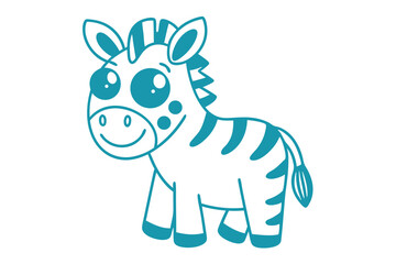 Fototapeta premium Adorable cartoon zebra with big eyes and blue outline stands smiling in a friendly manner