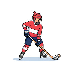 Obraz premium A cute illustration vector depicts an energetic male hockey player in a red uniform stickhandling the puck, isolated on white.