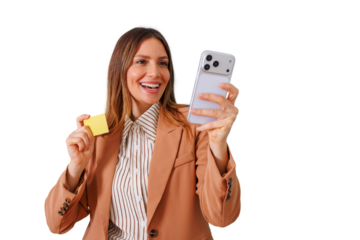 Happy woman holding credit card and mobile phone, making online payment or shopping, smiling, transparent background
