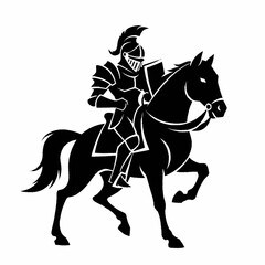 Black Silhouette of a Knight in Full Armor Riding a Horse.