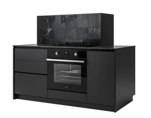 Modern matte black kitchen island with oven & tile backsplash