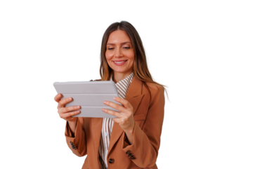 Woman smiling while using digital tablet, engaging with technology, professional communication and distance learning on transparent background