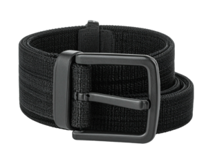 Black textured belt, metal buckle, folded
