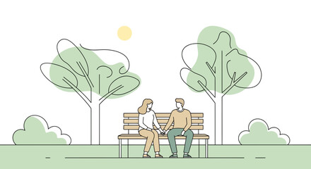 Couple Holding Hands on Park Bench Under Trees, Minimalist Line Art Illustration