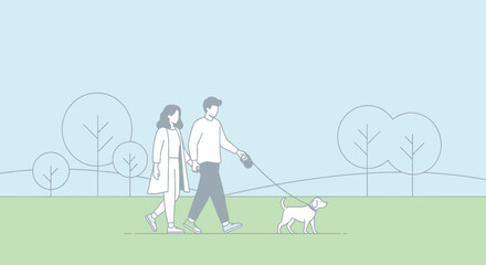 Couple walking dog in park, minimalist line art, outdoors, nature, lifestyle