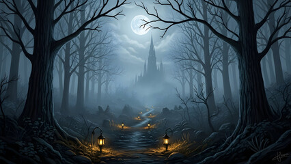 Mysterious moonlit forest with bare trees and glowing fire