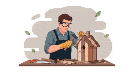 Craftsman building birdhouse with hammer and nails, woodworking, DIY hobby
