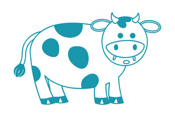 Teal outline defines a cute cartoon cow with dark spots and small horns