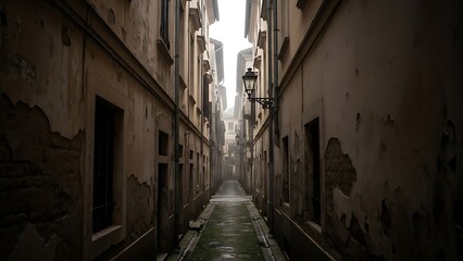 Fototapeta premium Narrow alleyway with old buildings and street lamps on a gloomy day