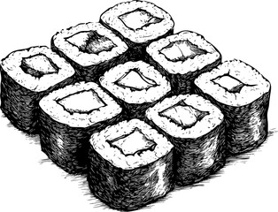 Artistic illustration of arranged sushi rolls on a white background.