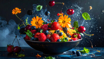 Fruit bowl flying berries strawberries blueberries splashing movement wooden table dark background vibrant colors dreamy healthy food fresh organic generative AI