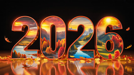 2026 new year celebration with glowing fire numbers and festive background
