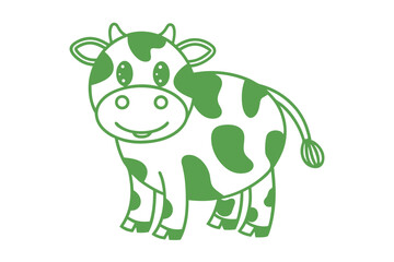 Fototapeta premium Adorable cartoon cow with green spots is standing and smiling on white