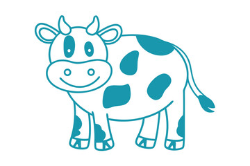 A cute blue cartoon cow with black spots stands peacefully on white