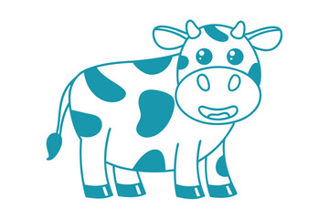 Cartoon cow with teal spots cheerfully smiles, standing on a white background