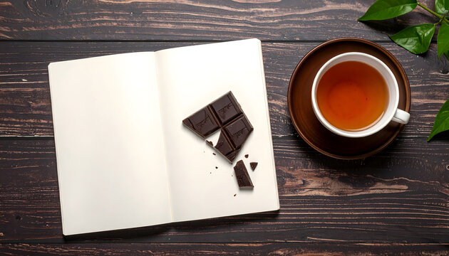Dark chocolate piece open notebook tea cup cozy desk workspace snack relaxation lifestyle break wooden table study journal organic meditation generative AI - Powered by Adobe