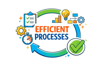 Efficient processes concept with gear clock checklist light bulb and graph symbols