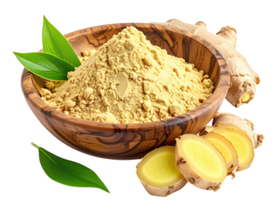 Ginger root & powder in wooden bowl with leaves