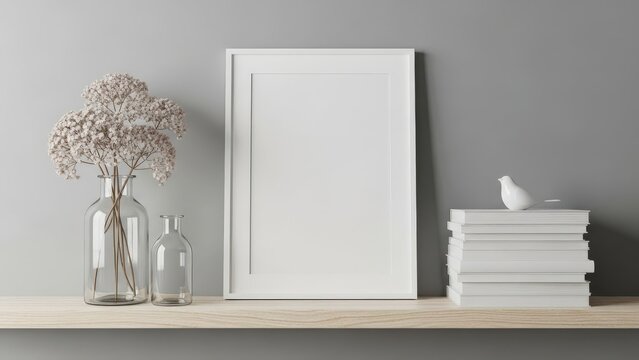 White picture frame on shelf with vase of flowers and stack of books - Powered by Adobe