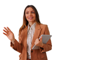 Businesswoman talking while holding a tablet, communicating ideas and gesturing, transparent background