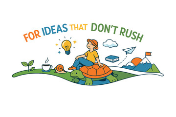 Fototapeta premium Young adult sitting on turtle with light bulb, paper plane, and nature elements