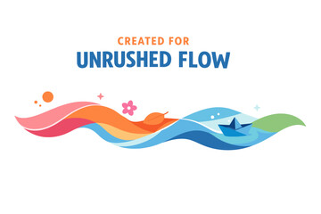 Colorful flowing wave with leaf and origami boat illustration