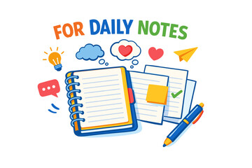 Colorful stationery set with spiral notebook, paper, pen, icons for daily notes